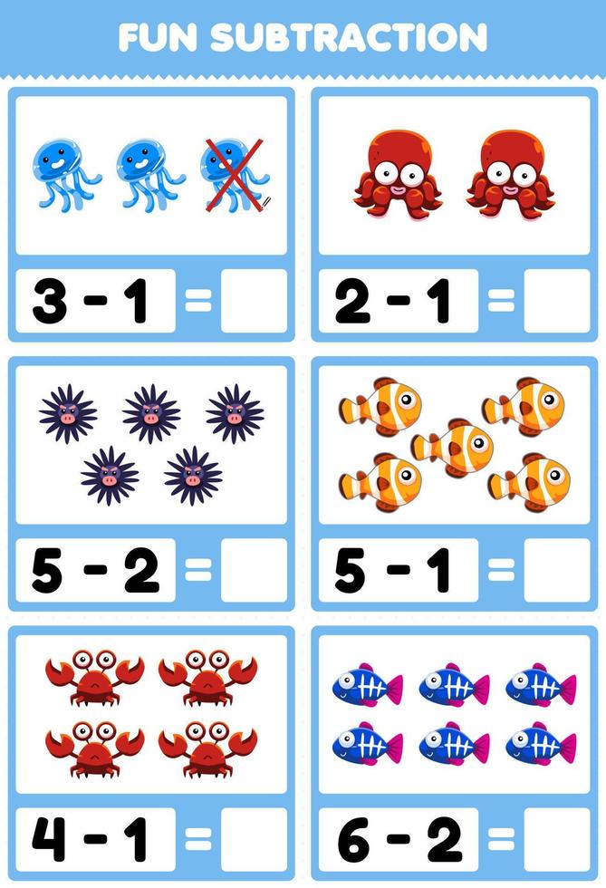 Education game for children fun subtraction by counting and eliminating cute cartoon underwater animal pictures vector