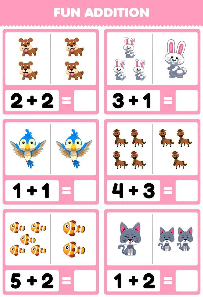 Education game for children fun addition by counting and sum cute cartoon pet animal dog rabbit bird horse fish cat pictures worksheet vector