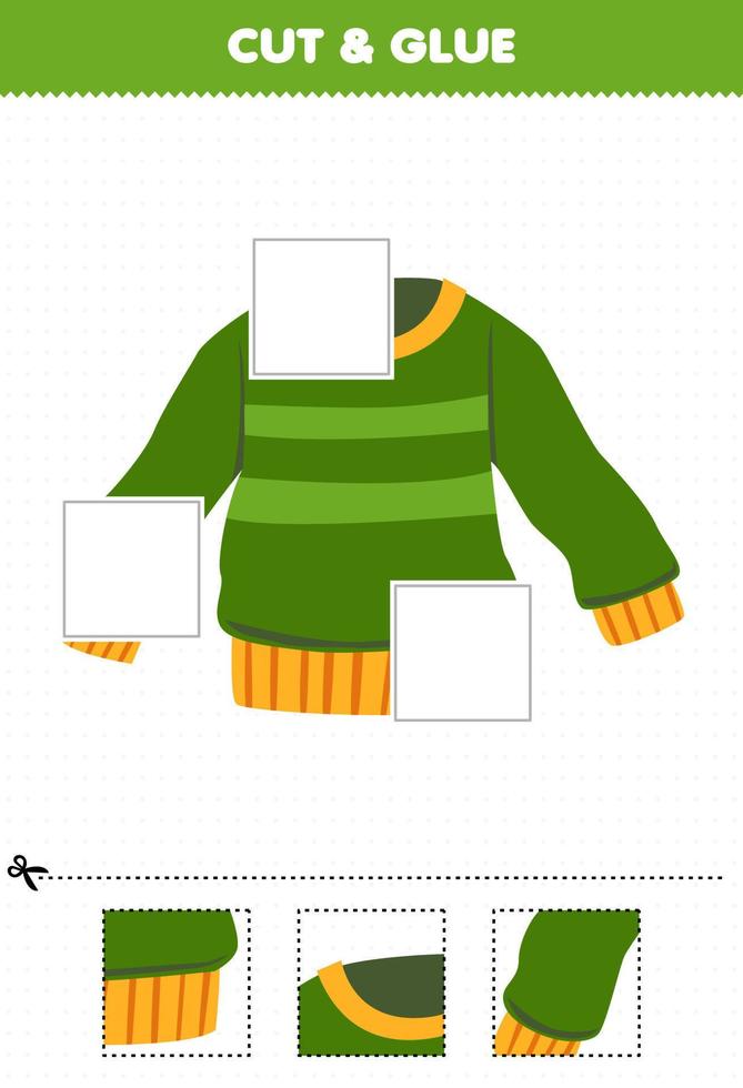 Education game for children cut and glue cut parts of cartoon wearable clothes sweater and glue them printable worksheet vector