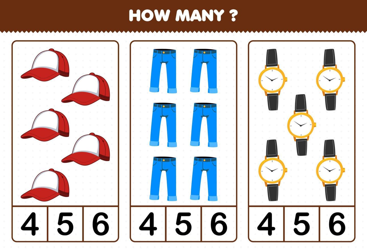 Education game for children counting how many cartoon wearable clothes cap jean watch vector