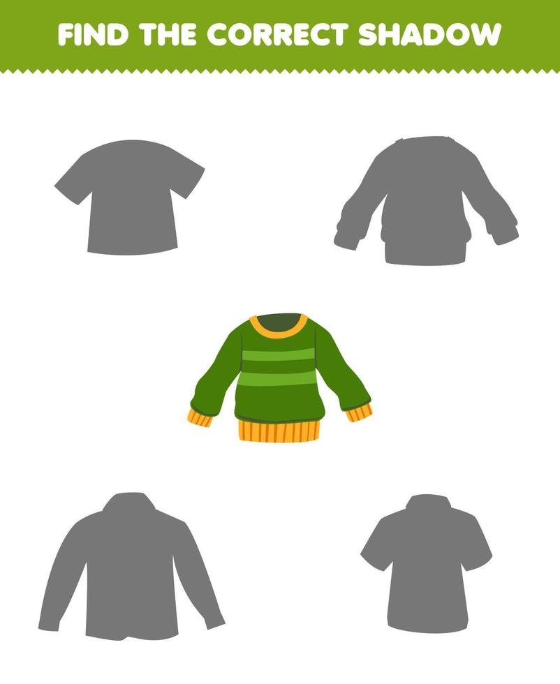 Education game for children find the correct shadow set of cartoon wearable clothes sweater vector