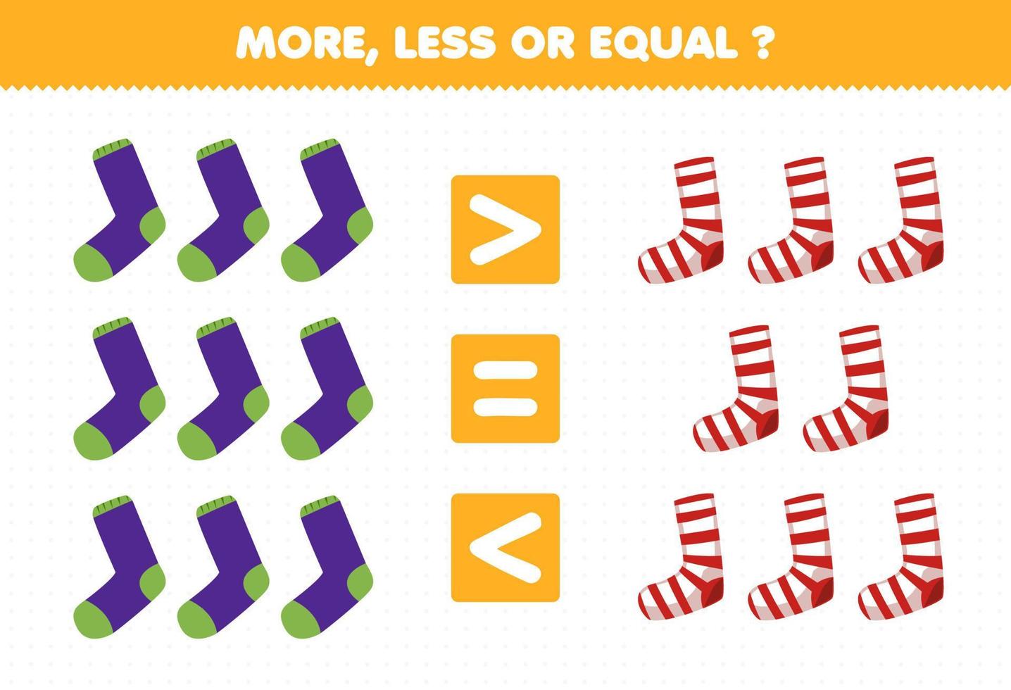 juego de educación para niños más menos o igual contar la cantidad de calcetines de ropa de vestir de dibujos animados vector