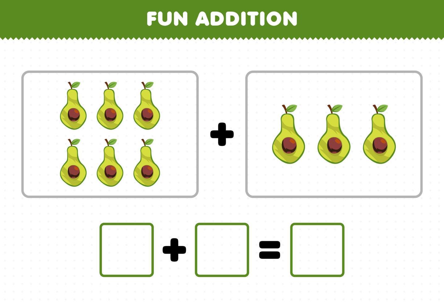 Education game for children fun addition by counting cartoon fruit avocado pictures worksheet vector