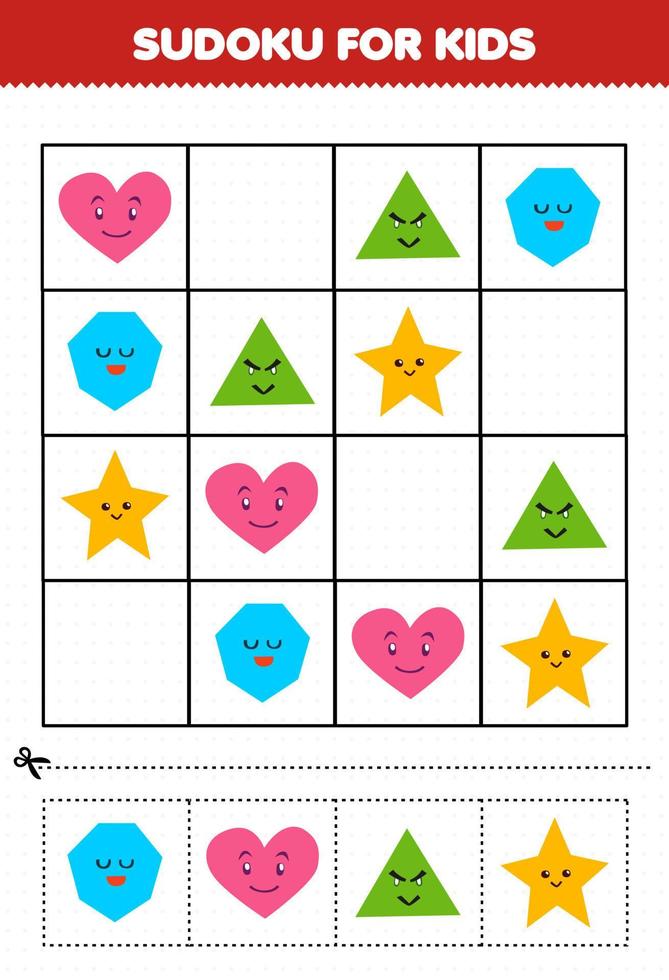 Education game for children sudoku for kids with cute cartoon geometric shape heptagon heart triangle star picture vector