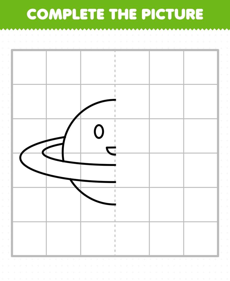 Education game for children complete the picture cute cartoon solar system planet with ring half outline for drawing vector