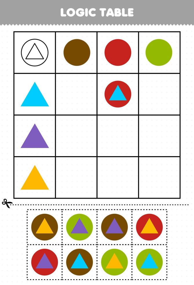 juego educativo para niños tabla lógica forma geométrica círculo y triángulo hoja de trabajo imprimible vector