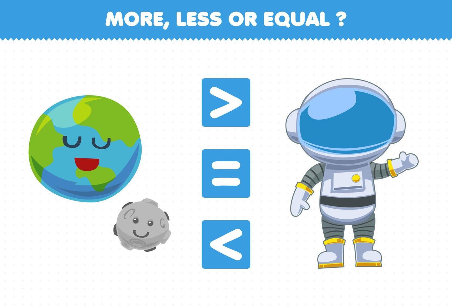 juego educativo para niños más menos o igual contar la cantidad de lindos dibujos animados sistema solar planeta tierra luna astronauta vector
