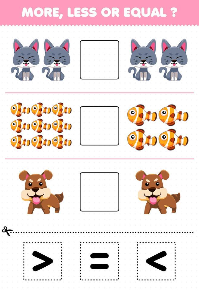 juego educativo para niños más menos o igual contar la cantidad de dibujos animados lindo mascota animal gato pez perro luego cortar y pegar cortar el signo correcto vector