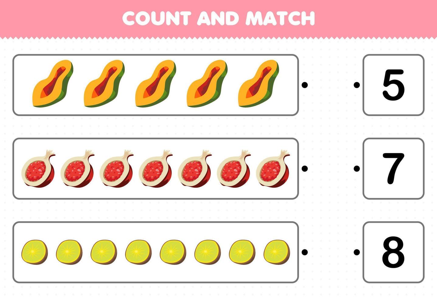 Education game for children count and match count the number of cartoon fruits papaya pomegranate kiwi and match with the right numbers printable worksheet vector