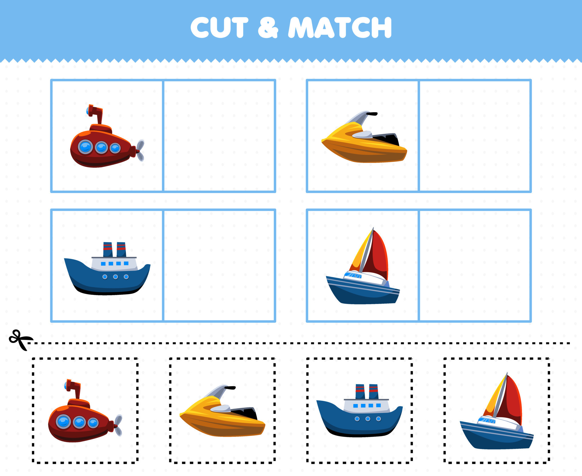 Education game for children cut and match the same picture of cute cartoon water transportation