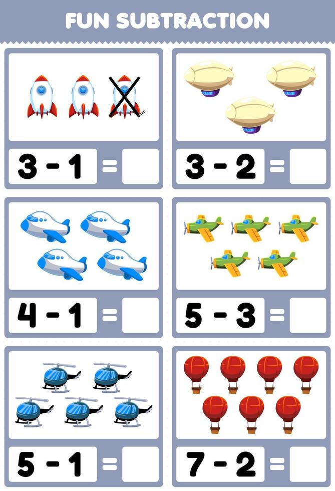 Education game for children fun subtraction by counting and eliminating cartoon air transportation pictures vector