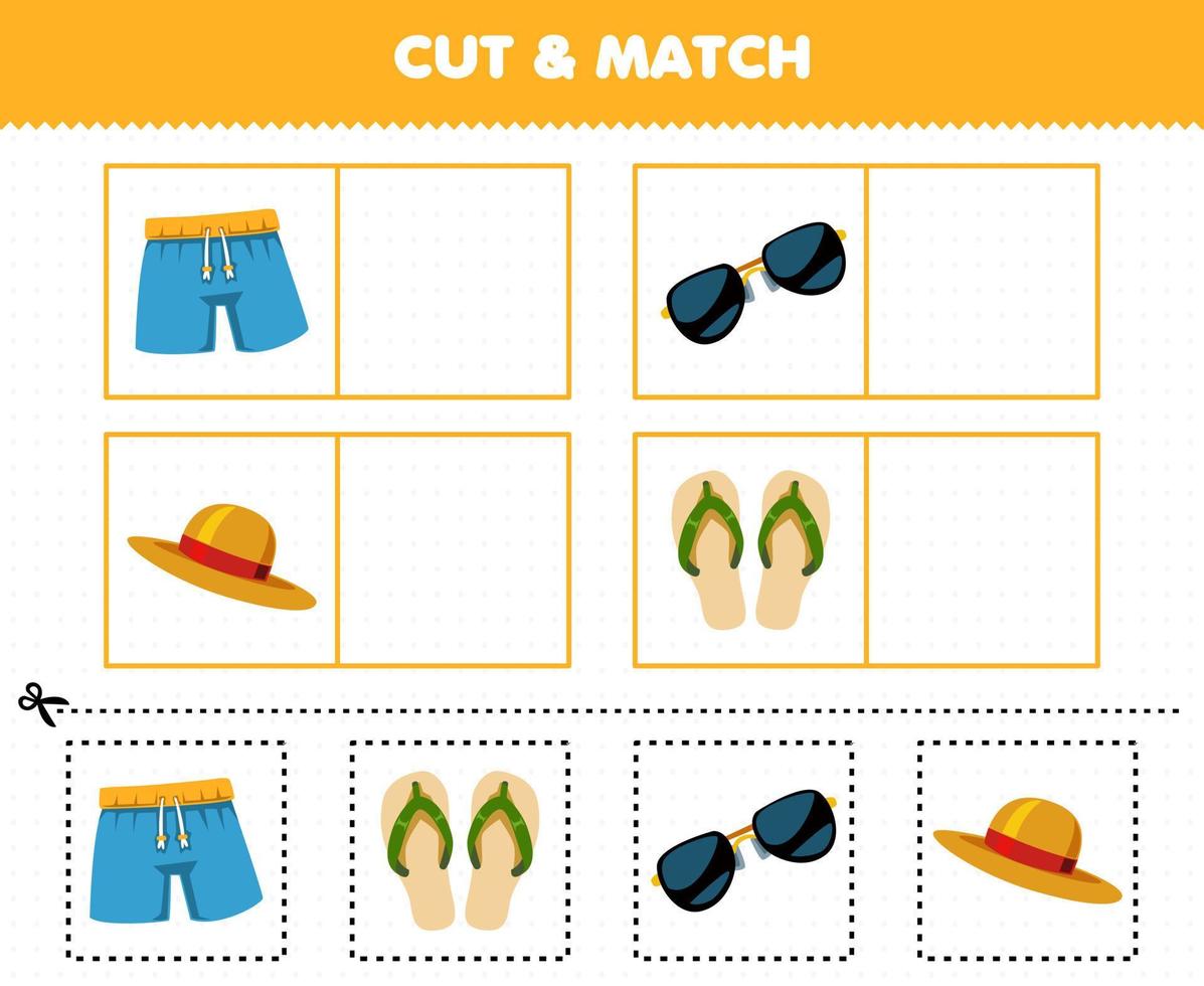 Education game for children cut and match the same picture of cartoon wearable clothes pant sunglasses hat sandal vector