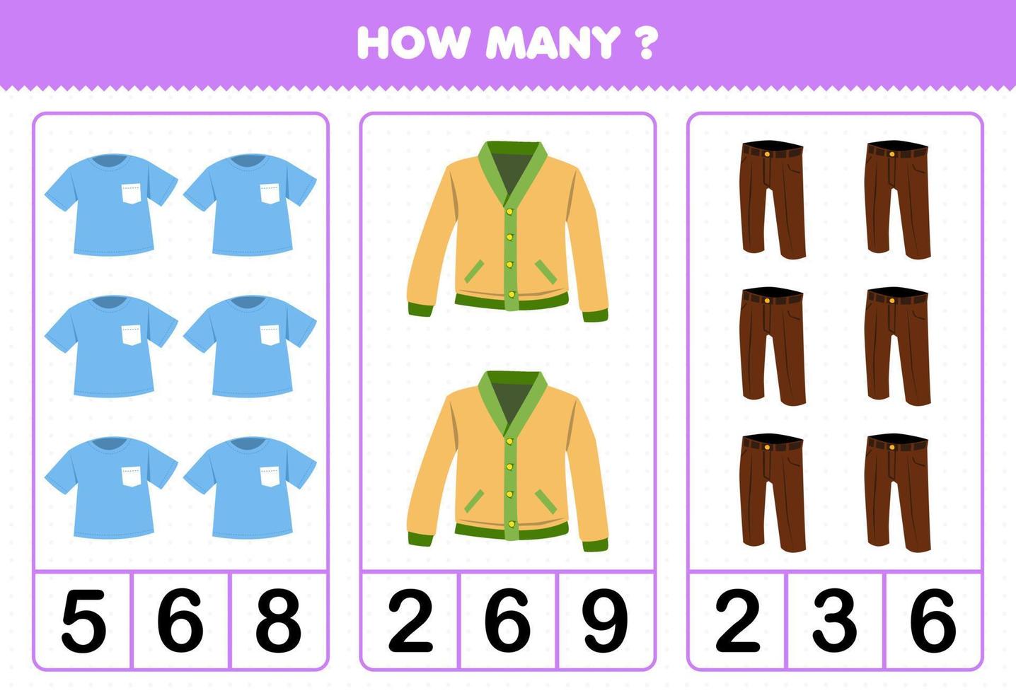 juego educativo para niños contando cuántas prendas de vestir de dibujos  animados camiseta chaqueta de punto pantalones 9954747 Vector en Vecteezy
