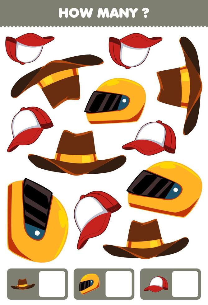 juego educativo para niños buscando y contando cuántos objetos dibujos animados ropa ponible gorra sombrero de vaquero timón vector