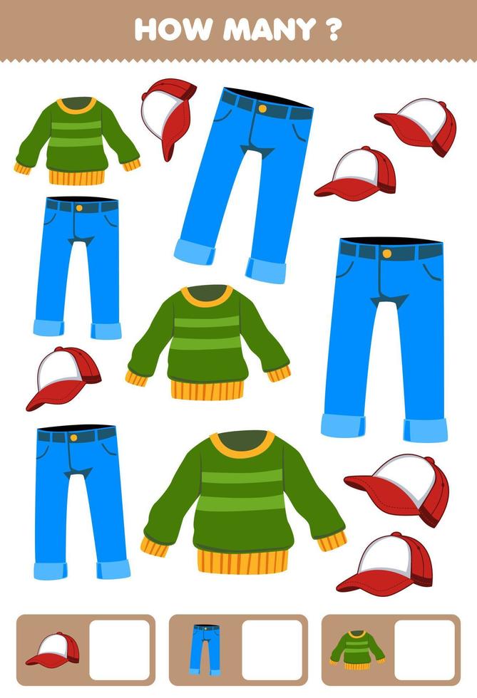 juego educativo para niños buscando y contando cuántos objetos dibujos animados ropa ponible suéter gorra de mezclilla vector