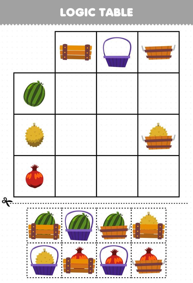Education game for children logic table cartoon fruit watermelon durian pomegranate match with correct basket printable worksheet vector
