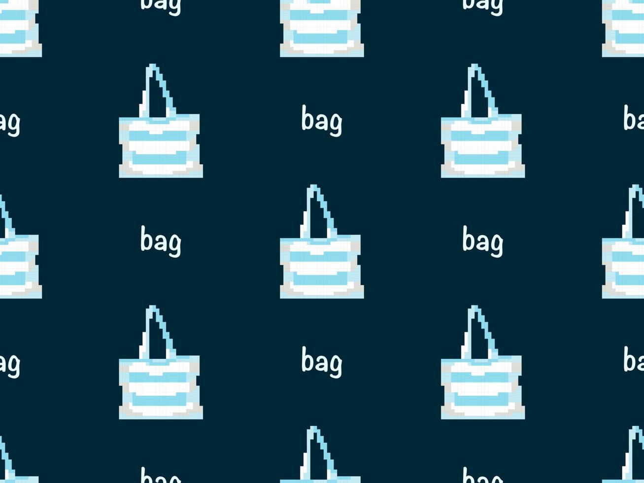Bag cartoon character seamless pattern on blue background. Pixel style vector