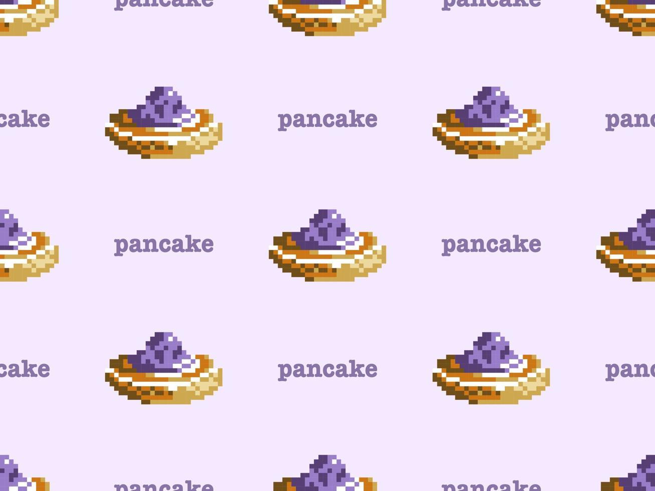 Pancake cartoon character seamless pattern on purple background. Pixel style vector