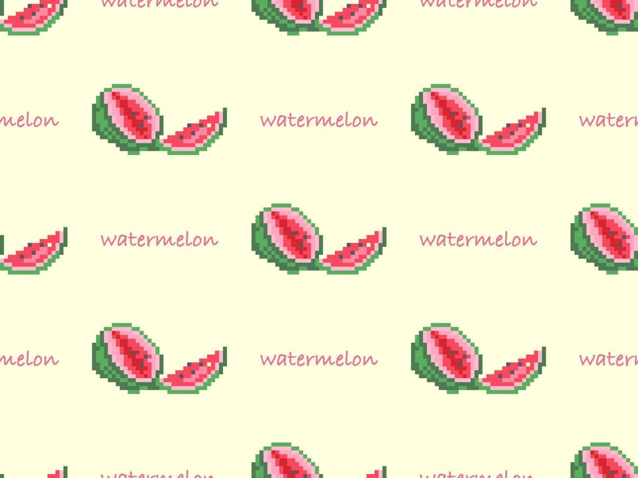 Watermelon cartoon character seamless pattern on yellow background. Pixel style vector