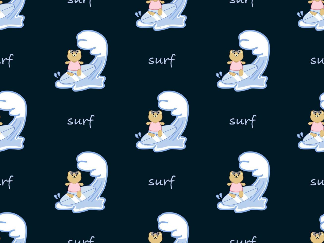Bear surf cartoon character seamless pattern on blue background vector