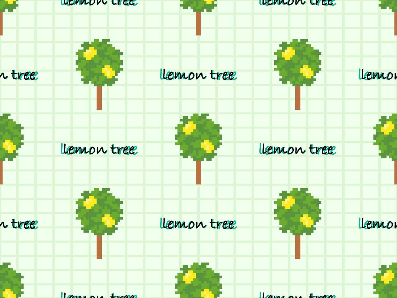 Lemon tree cartoon character seamless pattern on green background. Pixel style vector