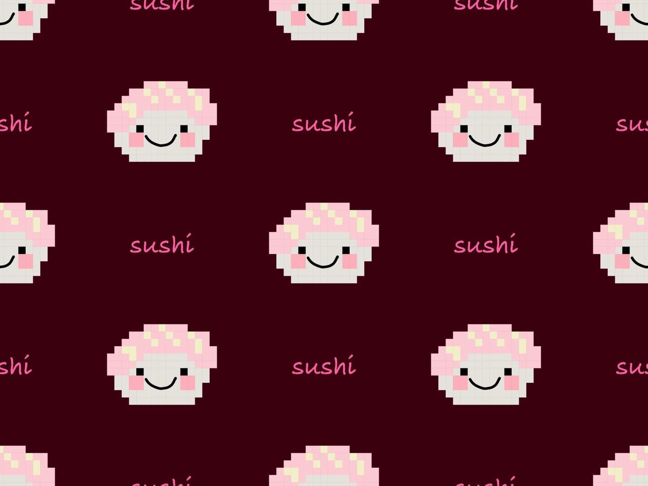 Sushi cartoon character seamless pattern on red background. Pixel style vector