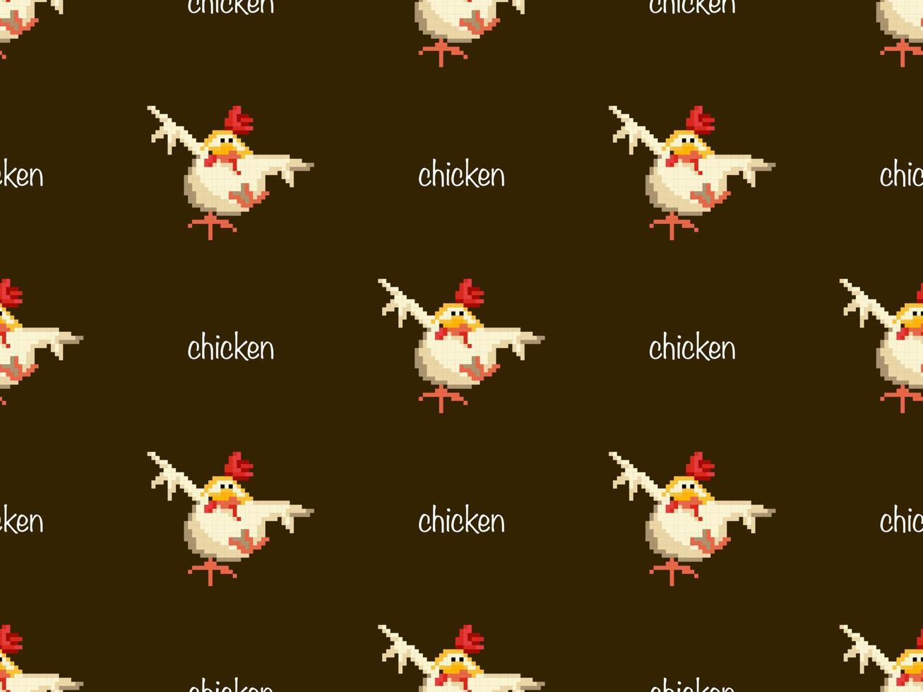 Chicken cartoon character seamless pattern on brown background. Pixel style vector