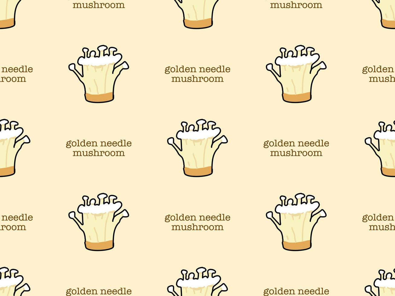 golden needle mushroom cartoon character seamless pattern on yellow background. Pixel style vector