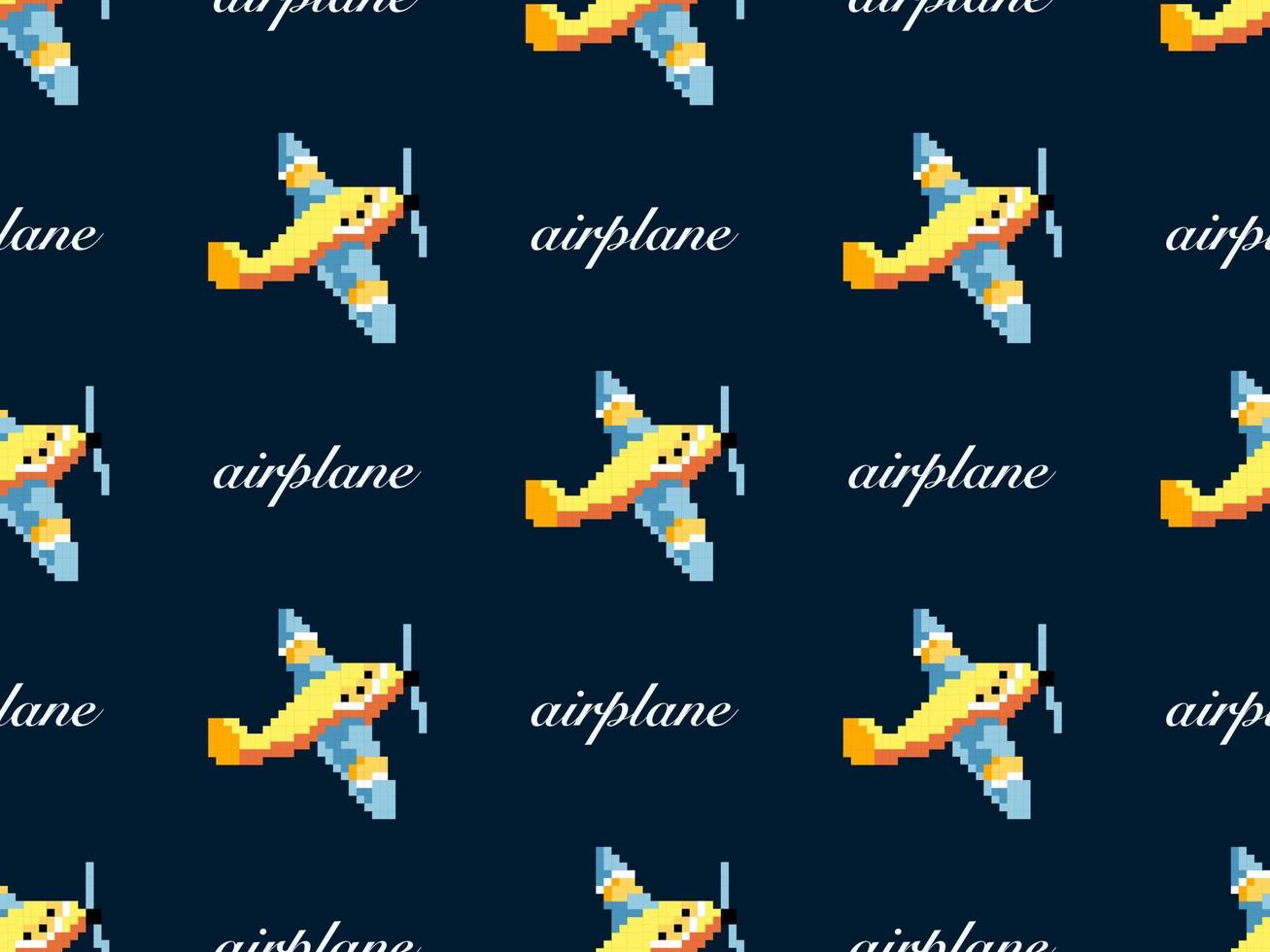 Airplane cartoon character seamless pattern on blue background. Pixel style vector