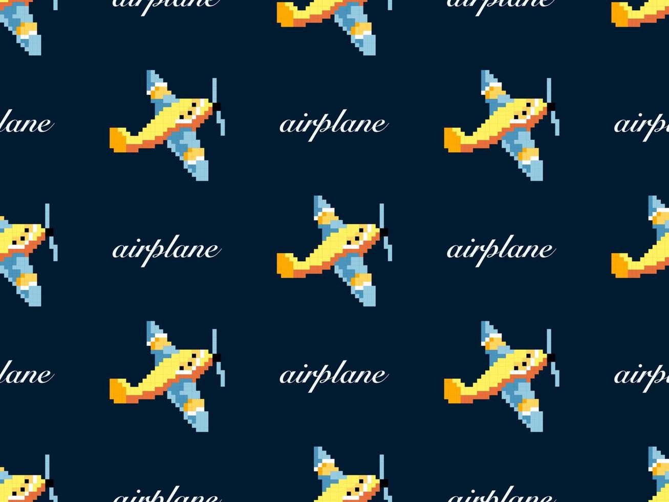 Airplane cartoon character seamless pattern on blue background. Pixel style vector