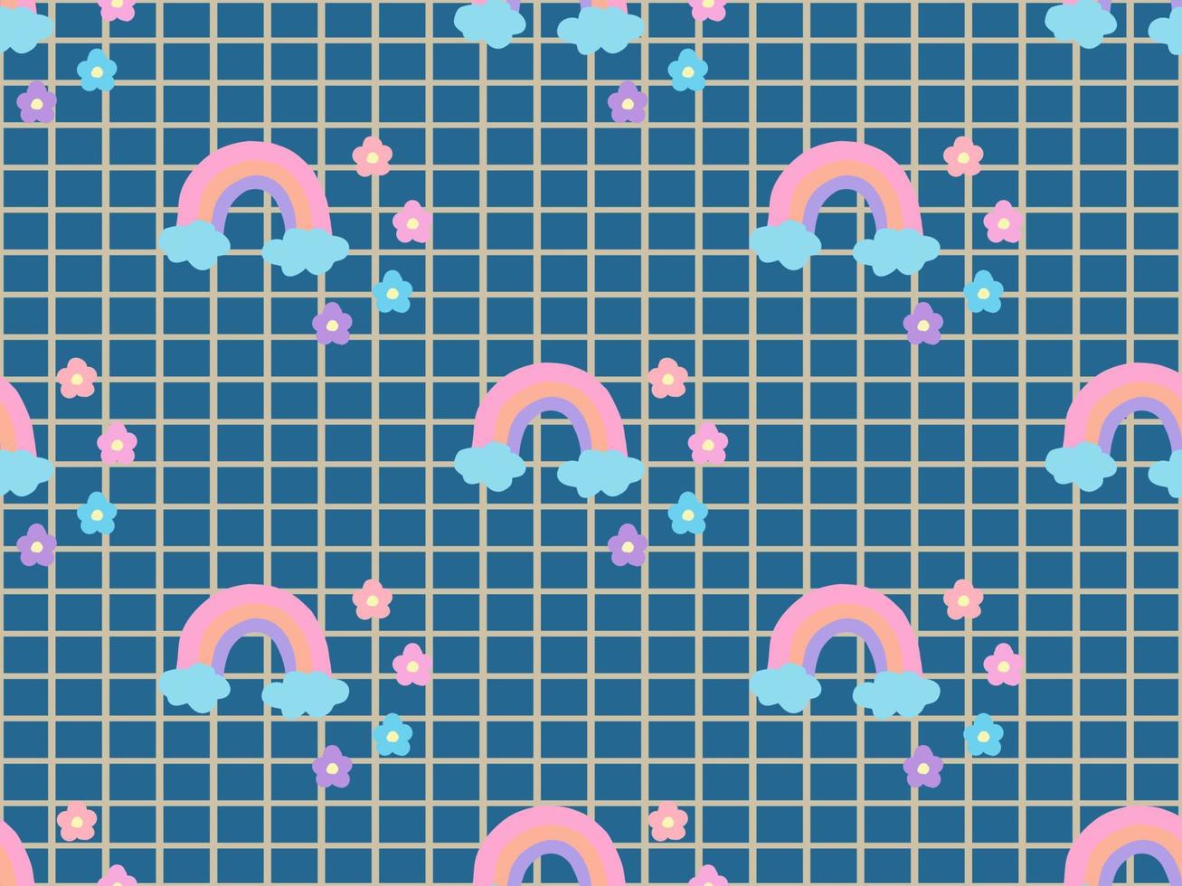 Rainbow cartoon character seamless pattern on blue background. Pixel style vector