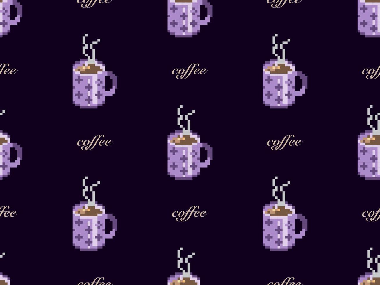 Coffee cartoon character seamless pattern on purple background. Pixel style vector