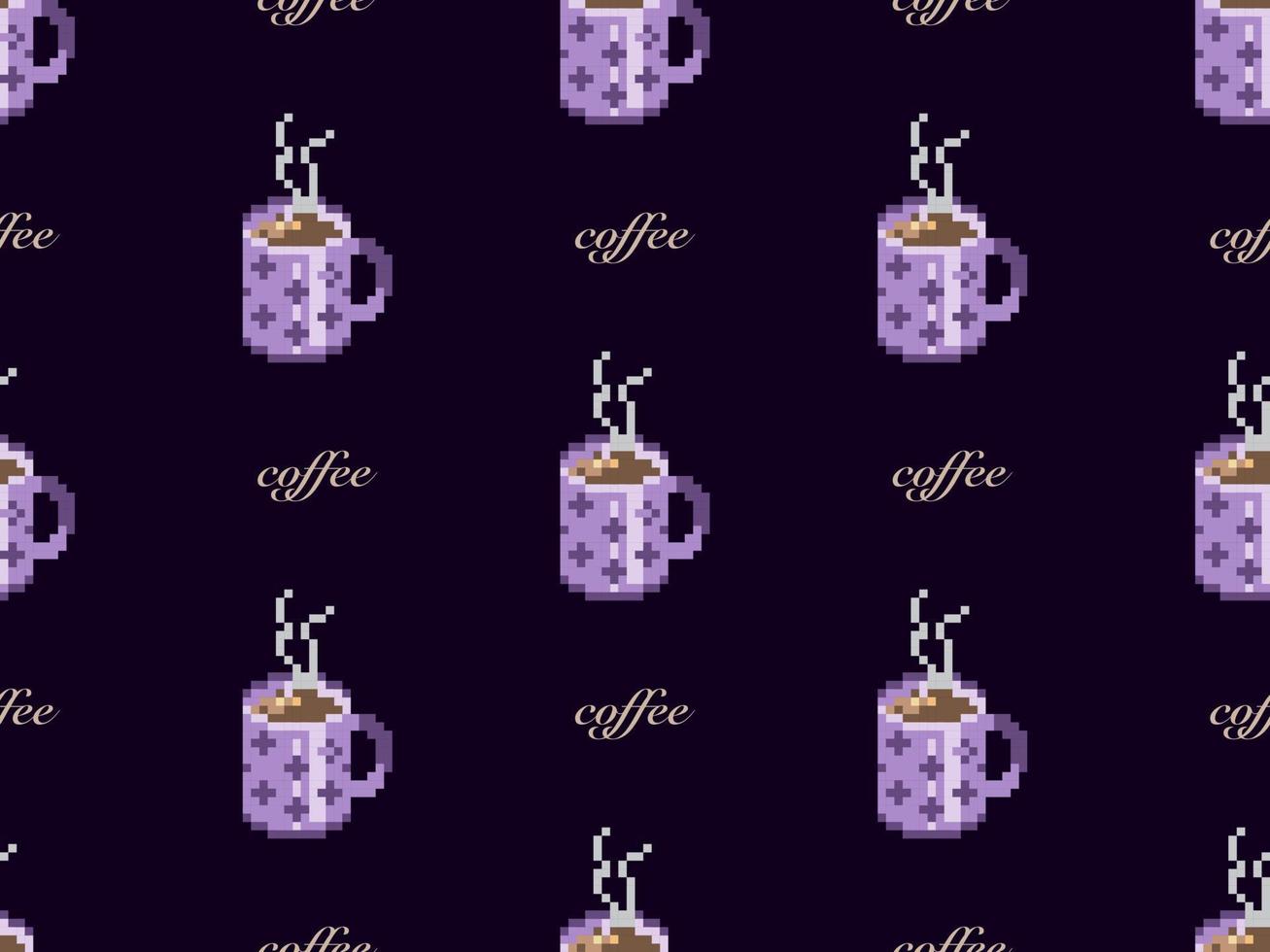 Coffee cartoon character seamless pattern on purple background. Pixel style vector