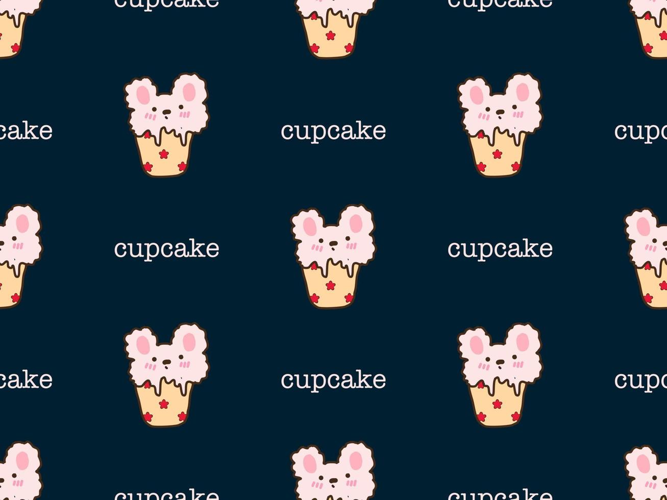 Cupcake cartoon character seamless pattern on blue background. Pixel style vector