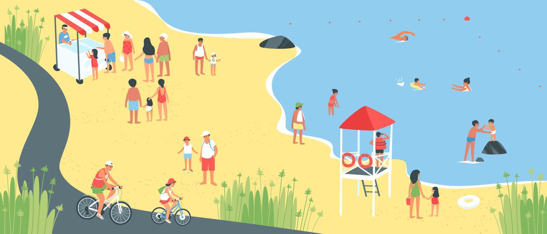 Summer vacation on the seashore people bathe vector