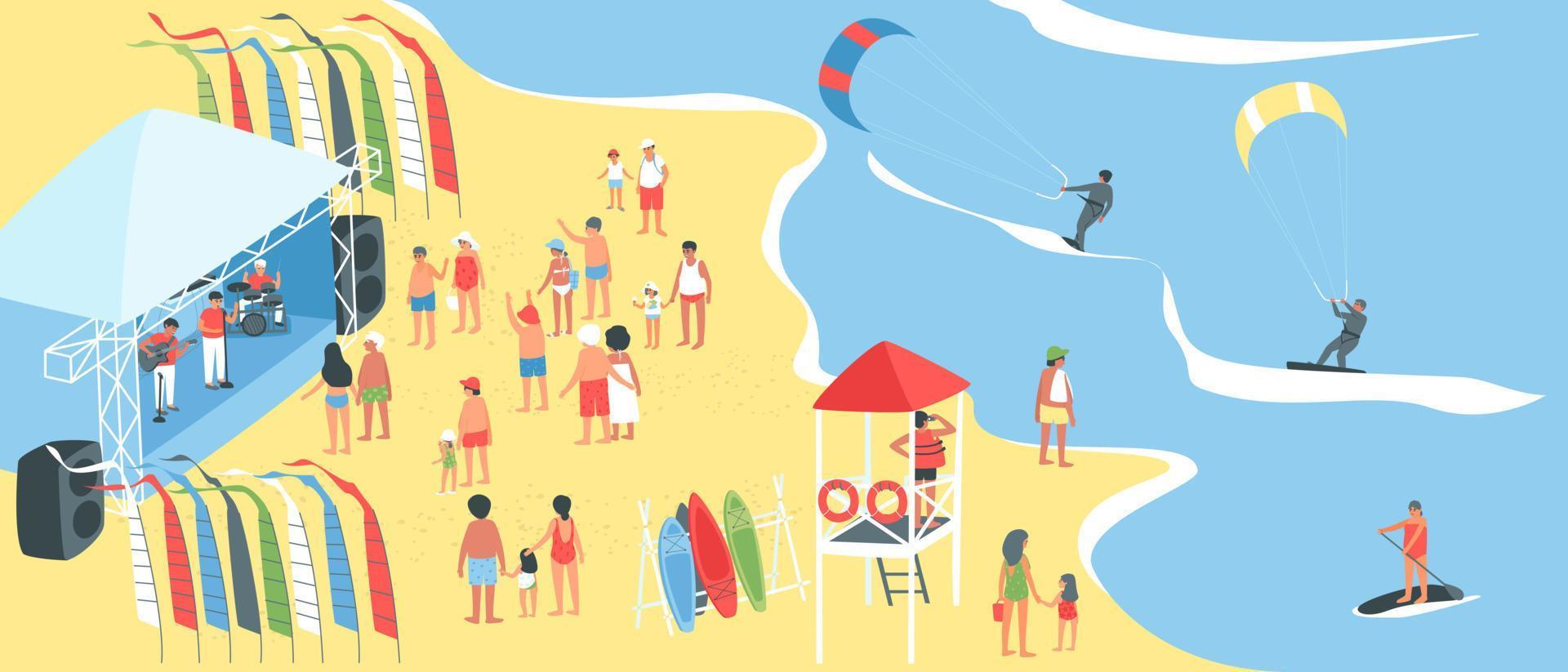 personas que practican kitesurf vector