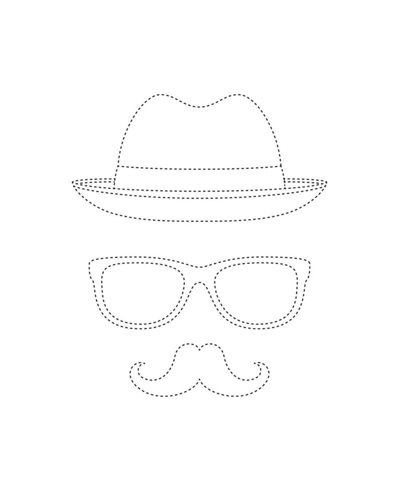 hoja de trabajo de rastreo de bigote, sombrero y anteojos para niños vector