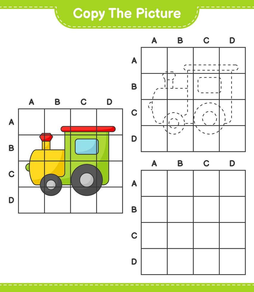 Copy the picture, copy the picture of Train using grid lines. Educational children game, printable worksheet, vector illustration