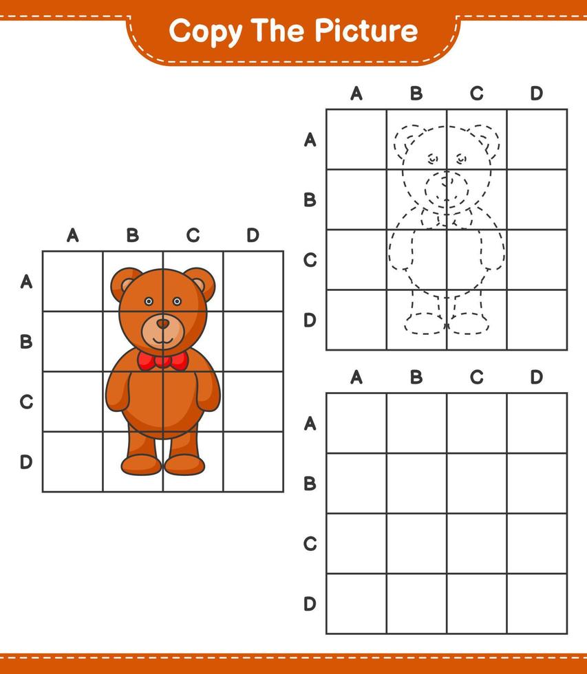Copy the picture, copy the picture of Teddy Bear using grid lines. Educational children game, printable worksheet, vector illustration