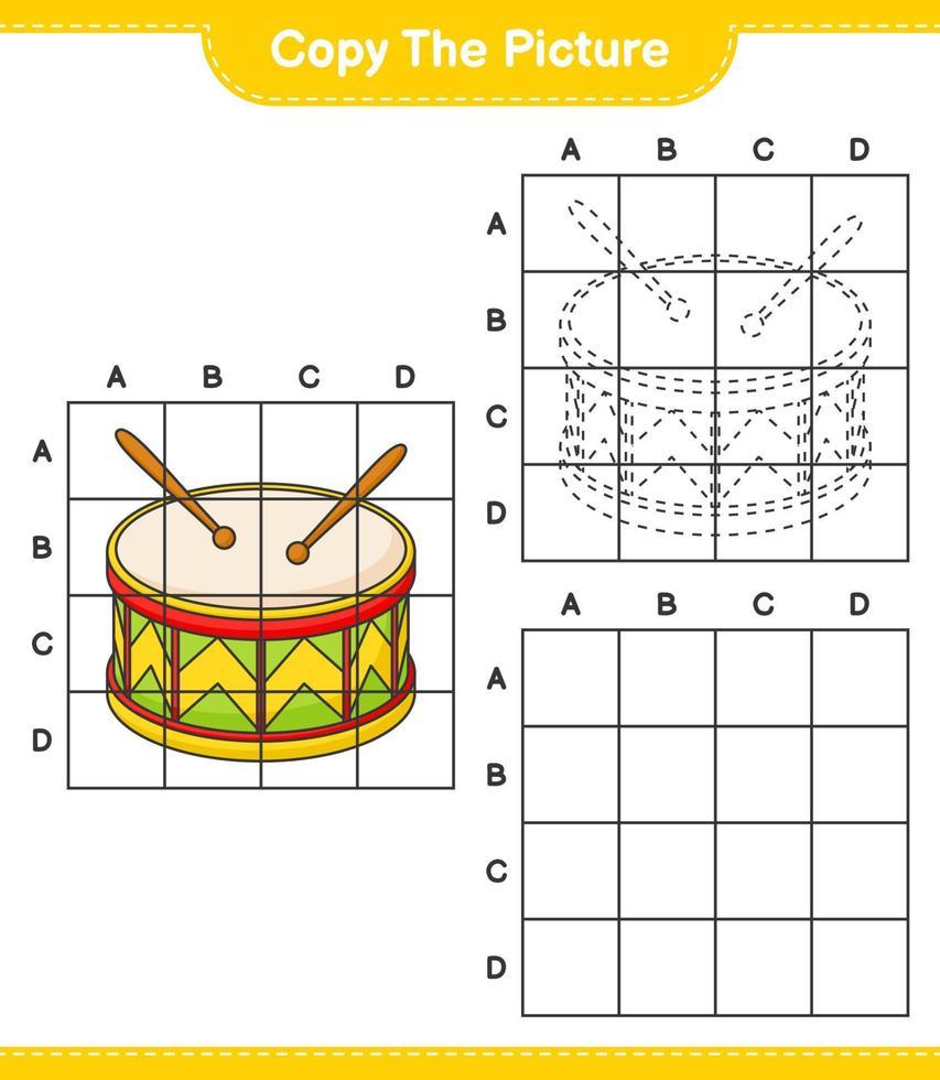 Copy the picture, copy the picture of Drum using grid lines. Educational children game, printable worksheet, vector illustration