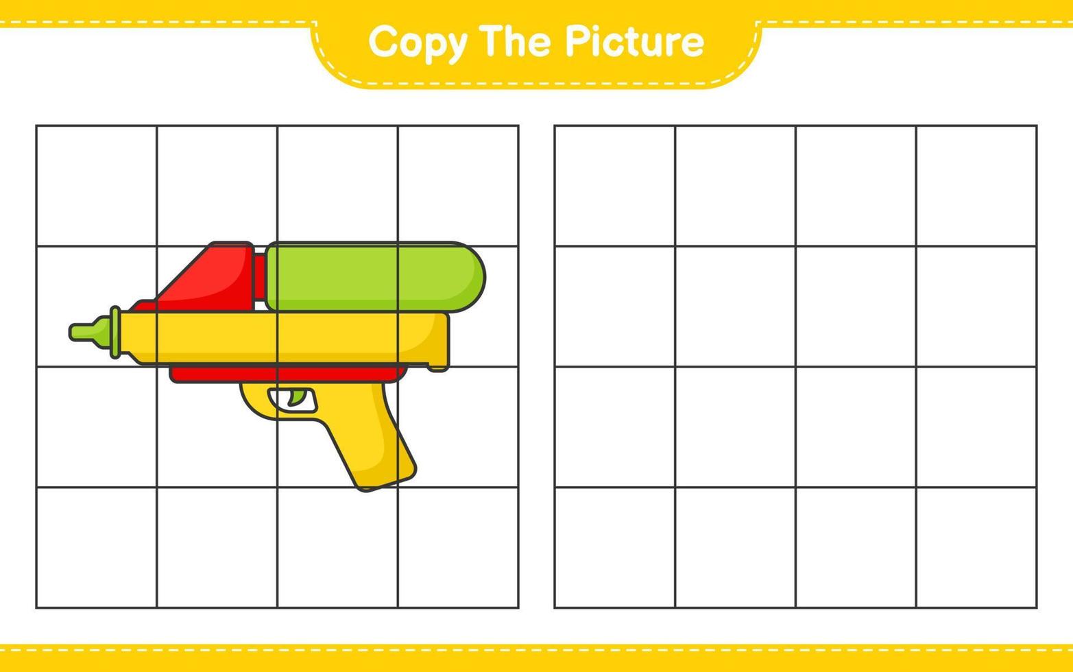 Copy the picture, copy the picture of Water Gun using grid lines. Educational children game, printable worksheet, vector illustration