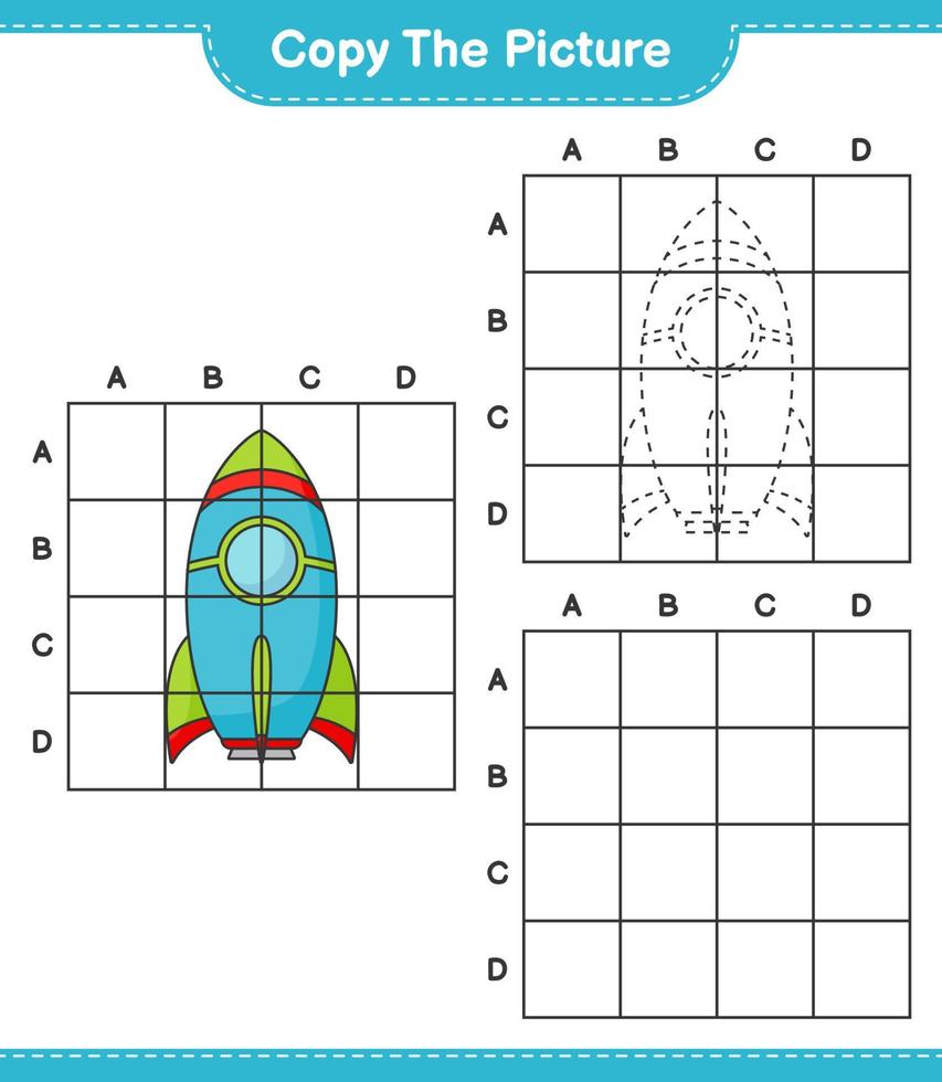 Copy the picture, copy the picture of Rocket using grid lines. Educational children game, printable worksheet, vector illustration