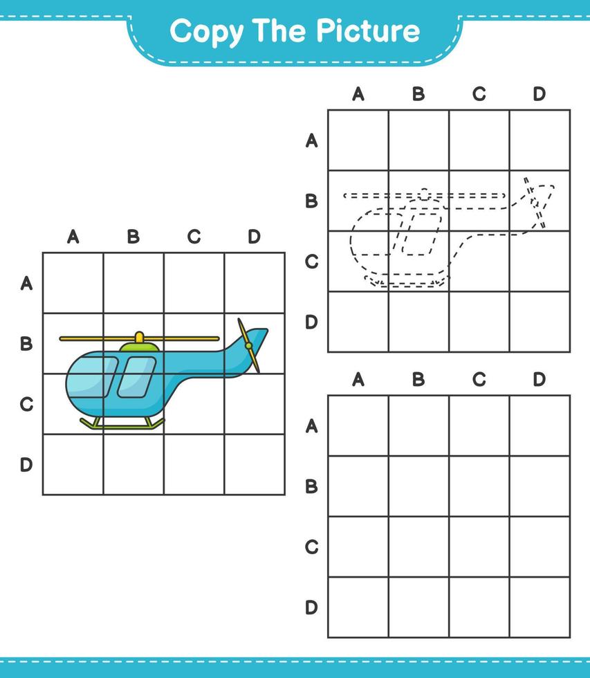 Copy the picture, copy the picture of Helicopter using grid lines. Educational children game, printable worksheet, vector illustration