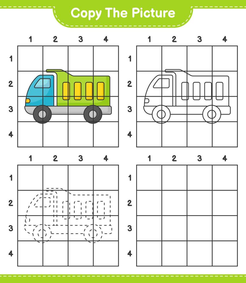 copie la imagen, copie la imagen del camión usando líneas de cuadrícula. juego educativo para niños, hoja de cálculo imprimible, ilustración vectorial vector