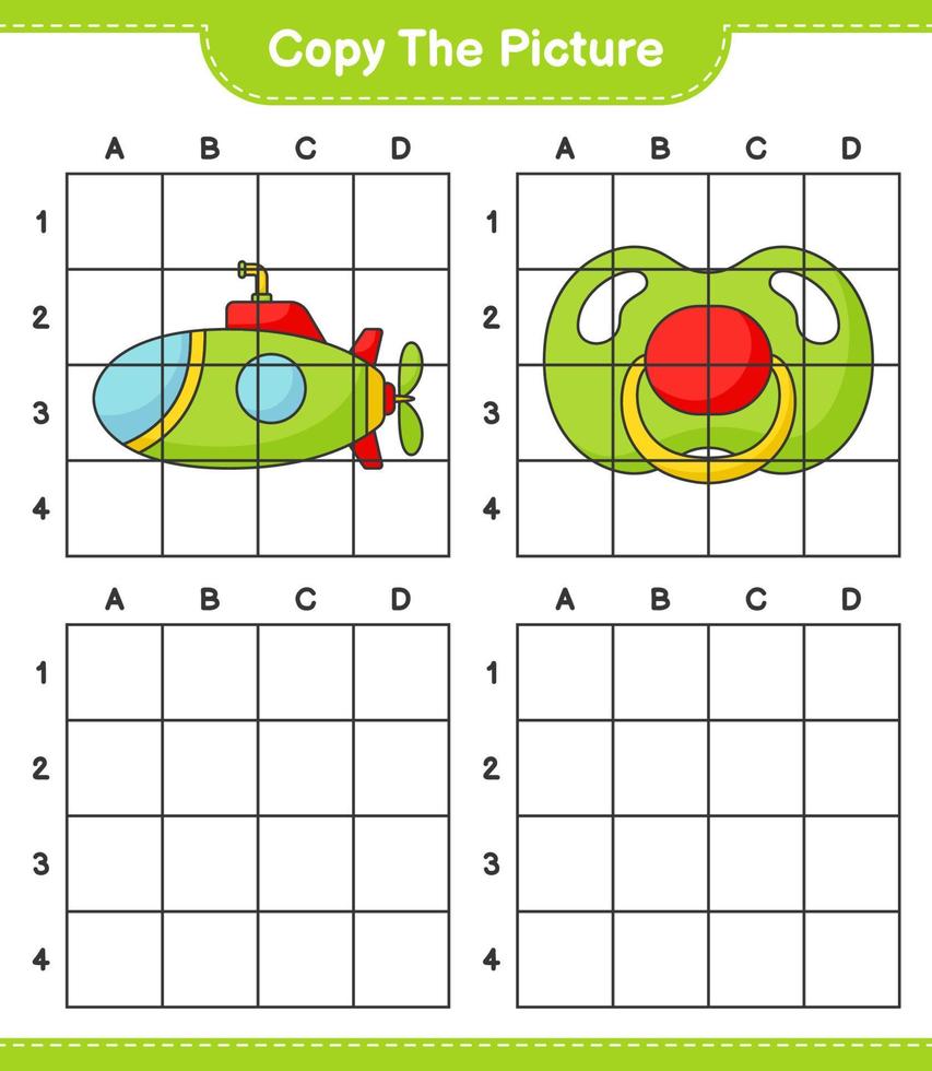 Copy the picture, copy the picture of Submarine and Pacifier using grid lines. Educational children game, printable worksheet, vector illustration