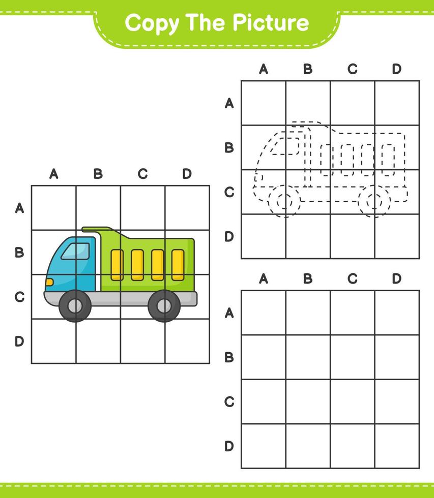 copie la imagen, copie la imagen del camión usando líneas de cuadrícula. juego educativo para niños, hoja de cálculo imprimible, ilustración vectorial vector