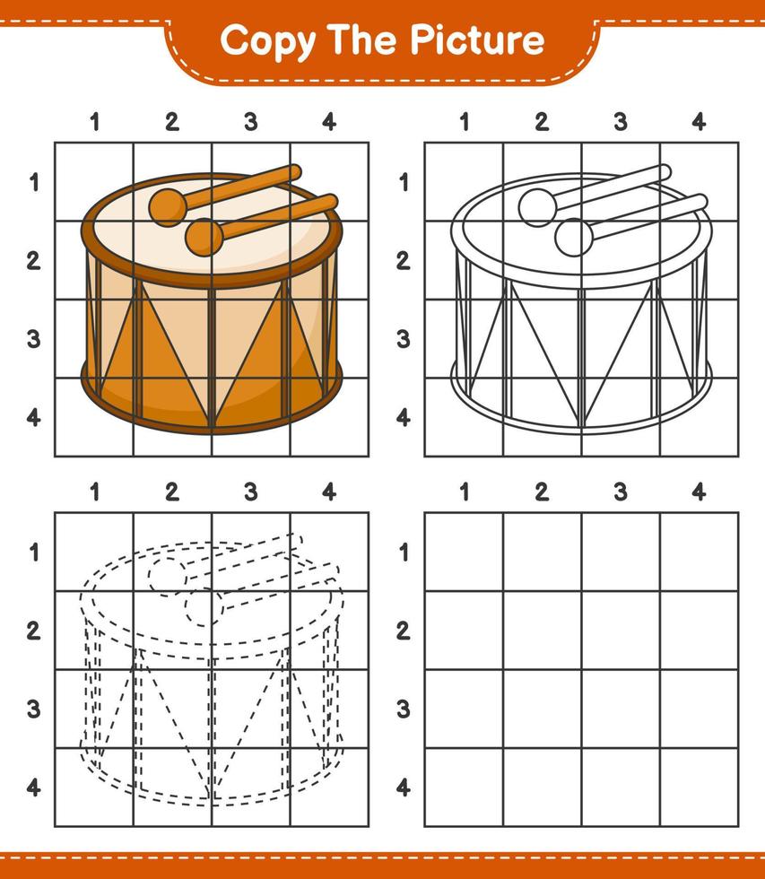 Copy the picture, copy the picture of Drum using grid lines. Educational children game, printable worksheet, vector illustration