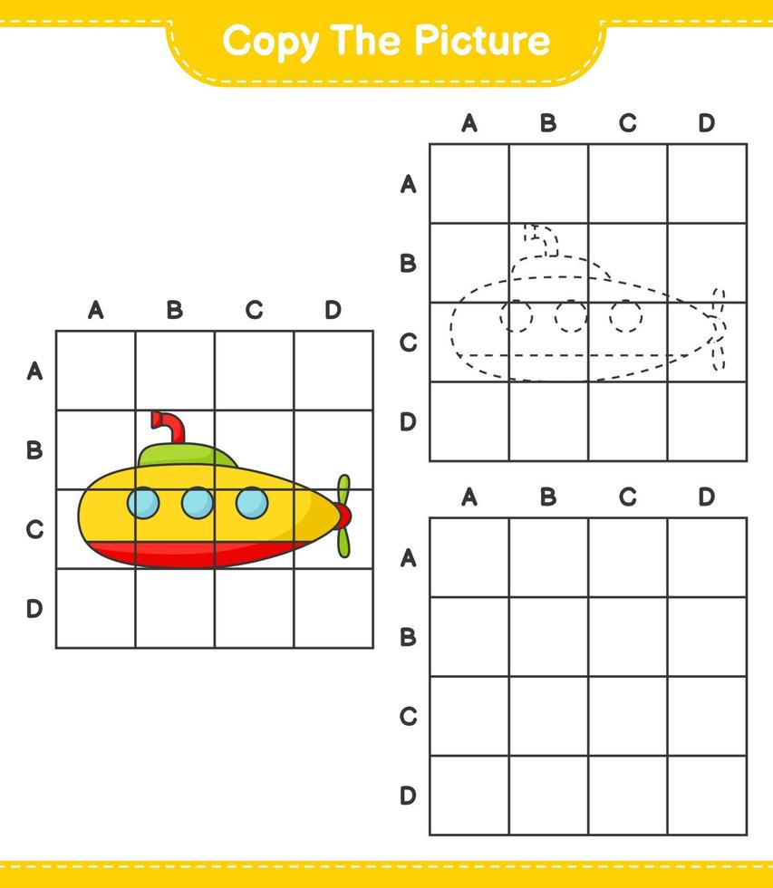 Copy the picture, copy the picture of Submarine using grid lines. Educational children game, printable worksheet, vector illustration