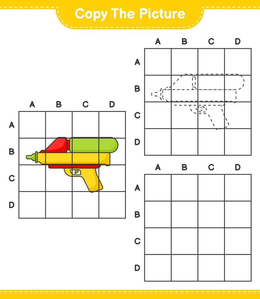 copie la imagen, copie la imagen de la pistola de agua usando líneas de cuadrícula. juego educativo para niños, hoja de cálculo imprimible, ilustración vectorial vector