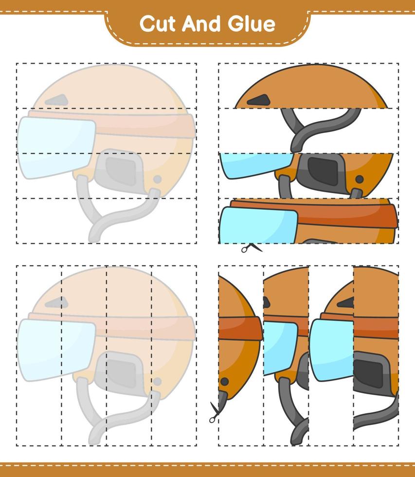 Cut and glue, cut parts of Hockey Helmet and glue them. Educational children game, printable worksheet, vector illustration